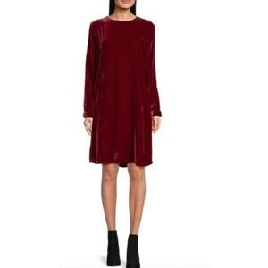 EILEEN FISHER Stretch Velvet Silk Bateau-Neck Long Sleeve Dress Small